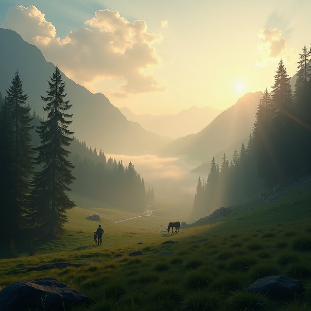 Misty alpine valley at golden hour, generated at 2048² with FLUX + LUA.