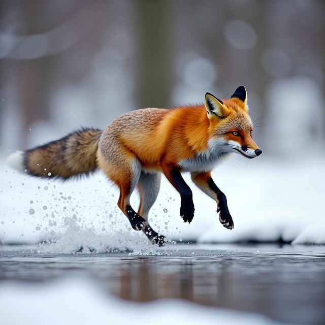 Red fox leaping over a frozen creek, generated at 2048² with FLUX + LUA.