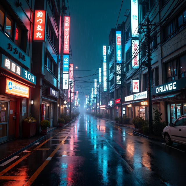 Neon-lit Tokyo street at night in the rain, generated at 2048² with FLUX + LUA.
