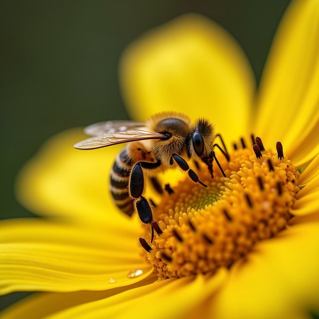 Macro shot of a honeybee on a sunflower, generated at 2048² with FLUX + LUA.